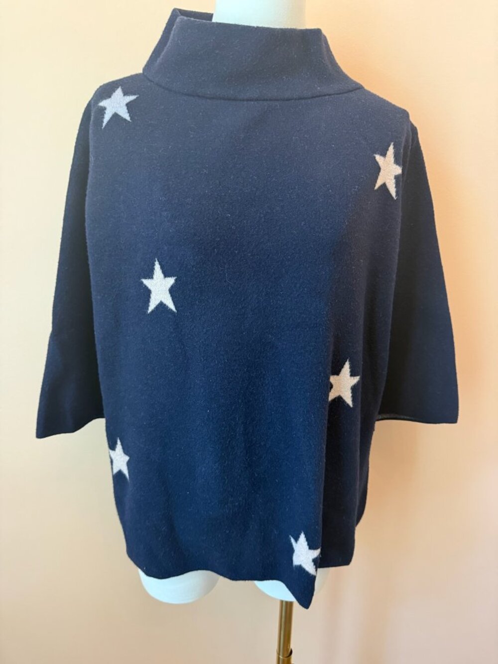 Navy Blue Star Mock Neck Short Sleeve Sweater Top